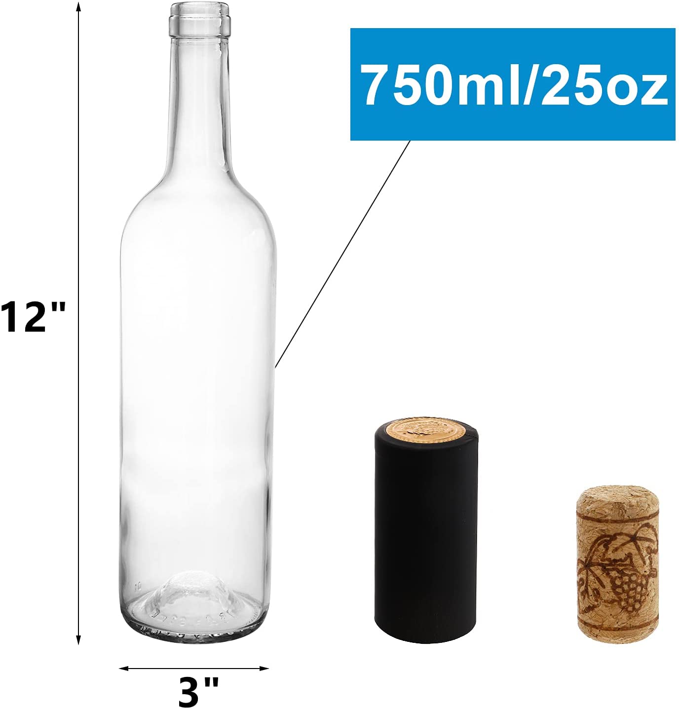 12 Pack 750ml Bordeaux Glass Wine Bottles Flat-Bottomed Empty Bottles for Liquor, Champagne, Limoncello, Juice