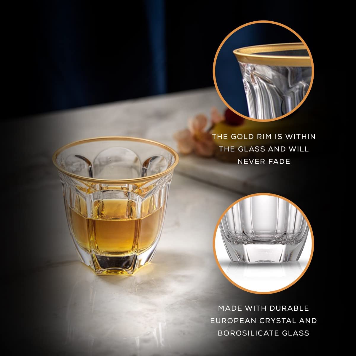7.4 Oz Gold Rim Double Old Fashioned Glass Whiskey Crystal Bar Glasses Tumbler Cocktail Glasses