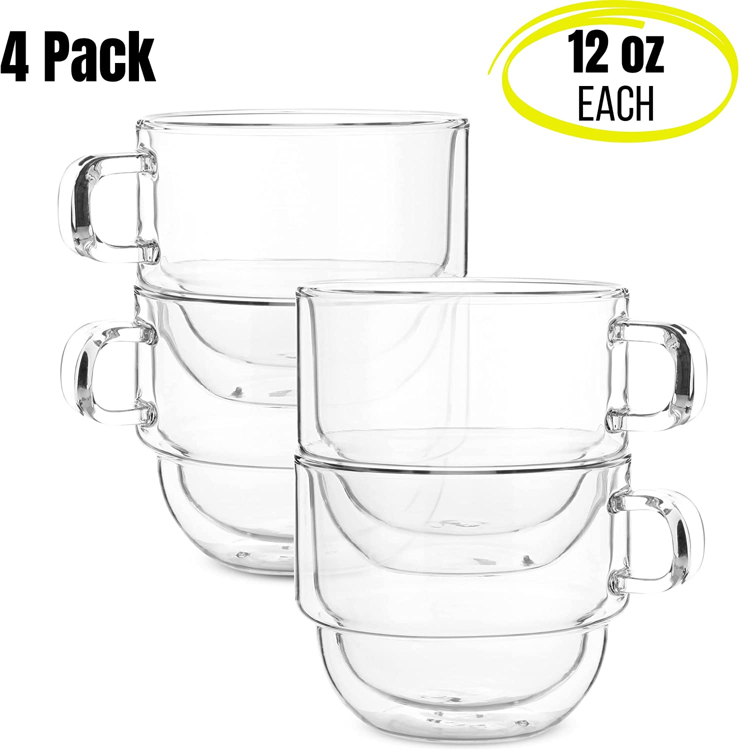 Stackable Insulated Coffee Mugs 4 Pack 12 ounces Cappuccino Cups Double Wall Glass Coffee Cups