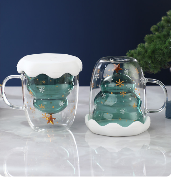 High Borosilicate Christmas Double Wall Glass Cup With Lid