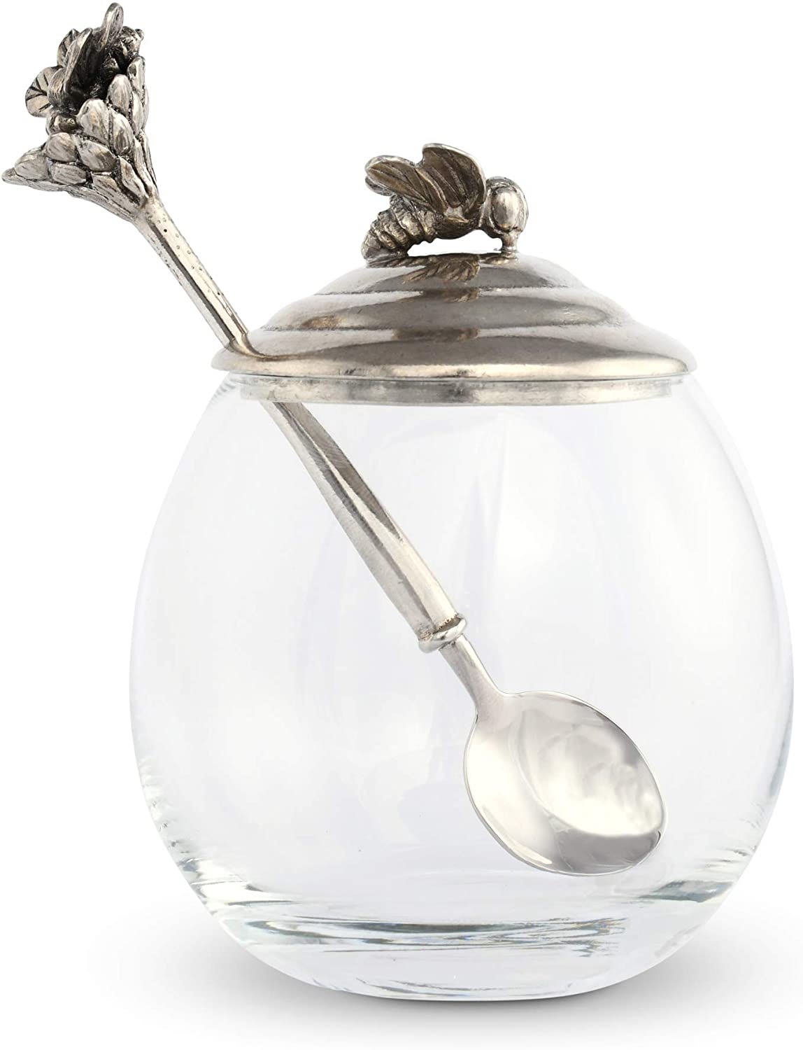 12 Ounces House Pewter Bee Glass Honey Pot Jar Jam Jelly Jar with Spoon 5 inch Tall