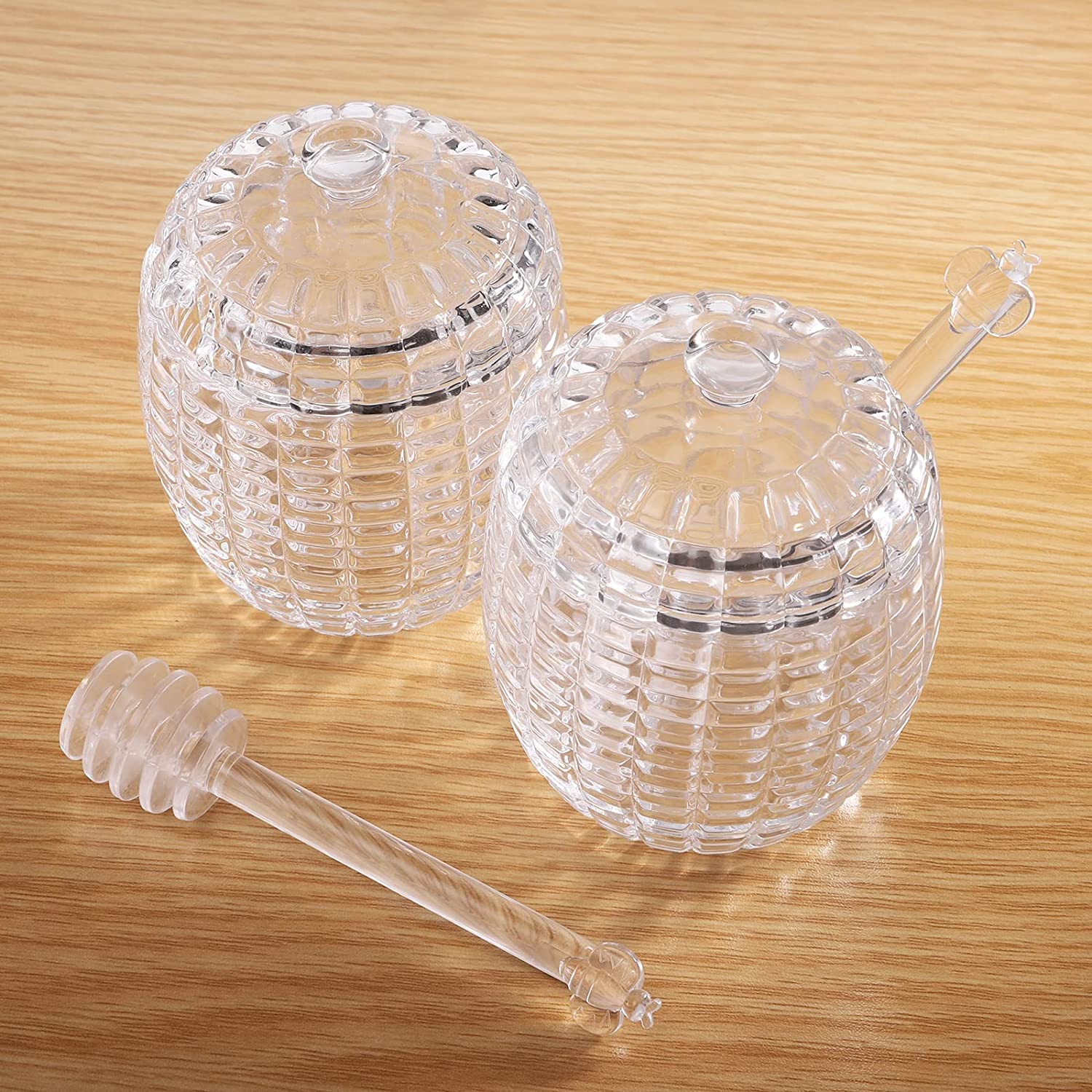 2 Pack Glass Jar with Dipper and Lid, 8 oz Glass Honey Pot Container Beehive Honey Dish for Home Kitchen