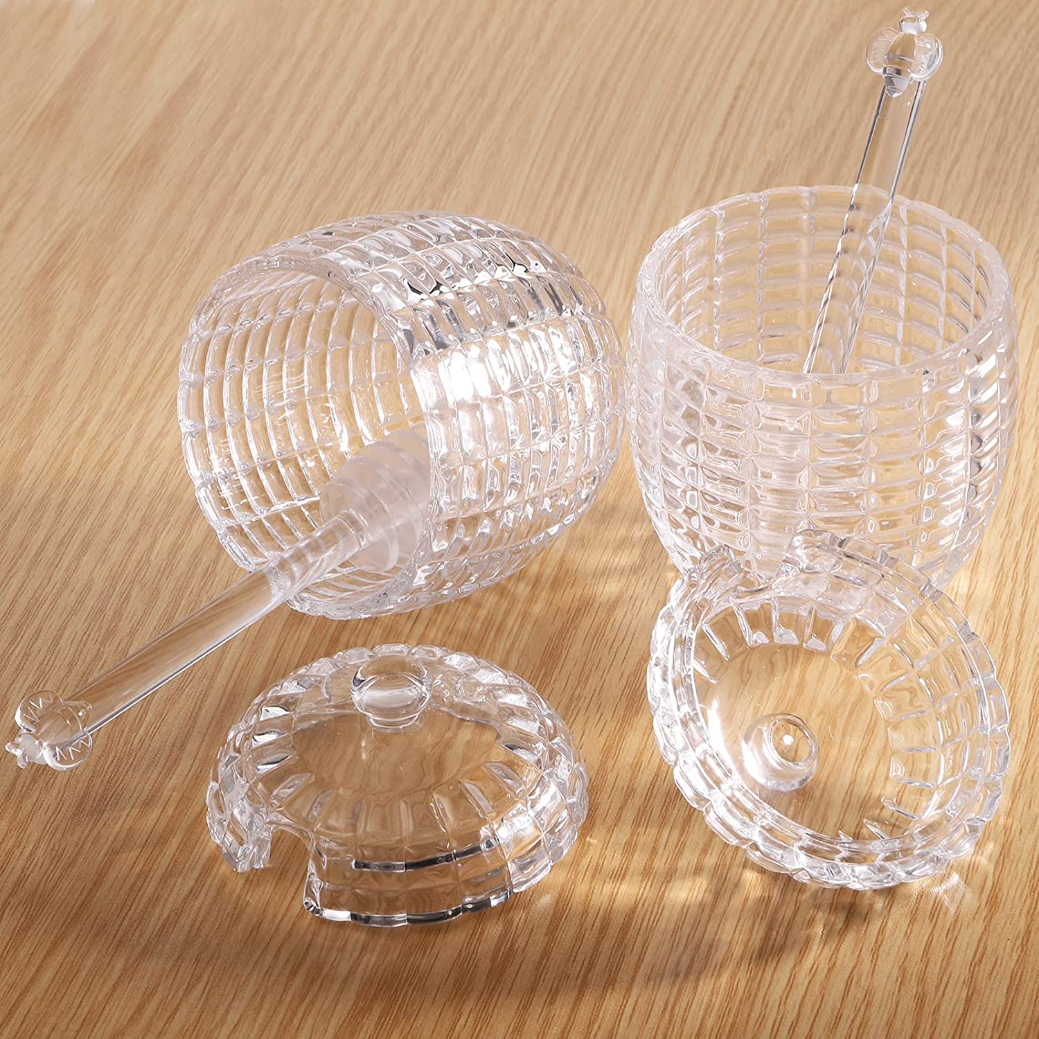 2 Pack Glass Jar with Dipper and Lid, 8 oz Glass Honey Pot Container Beehive Honey Dish for Home Kitchen