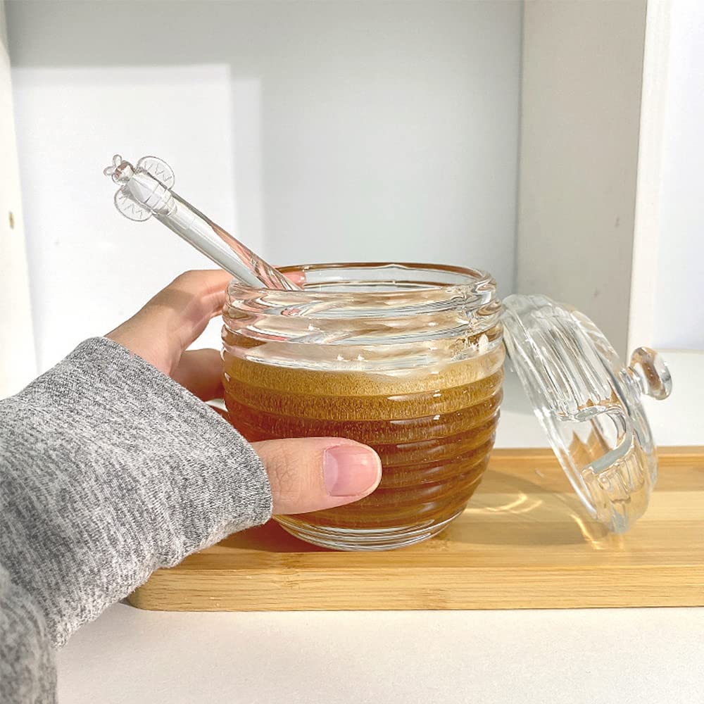 2 Pack Glass Jar with Dipper, 8 oz Clear Beehive Honey Pot Honey Containers for Store Honey and Syrup