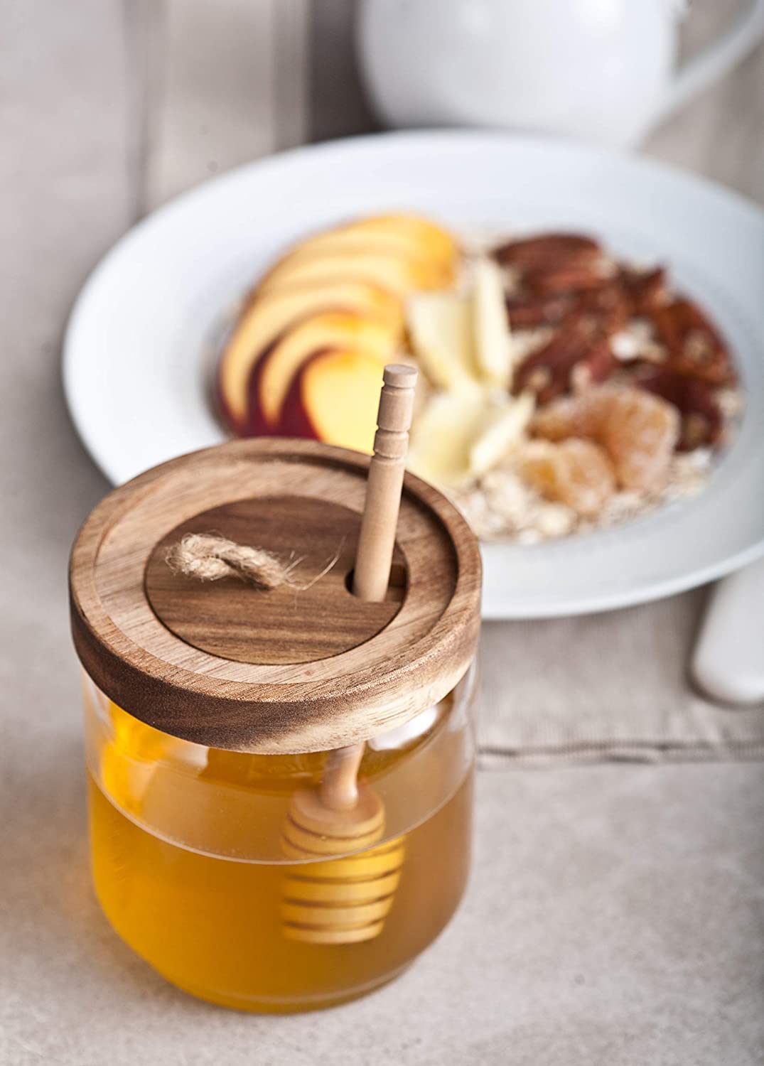 Honey Jar Pot Glass Holder Dispenser Set with Wooden Dipper Stick and Acacia Lid Cover for Home Kitchen