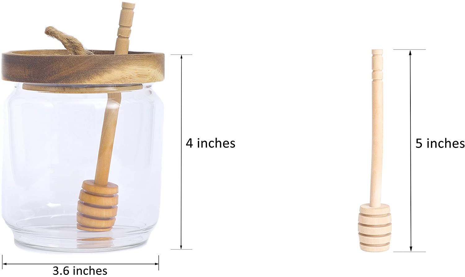 Honey Jar Pot Glass Holder Dispenser Set with Wooden Dipper Stick and Acacia Lid Cover for Home Kitchen