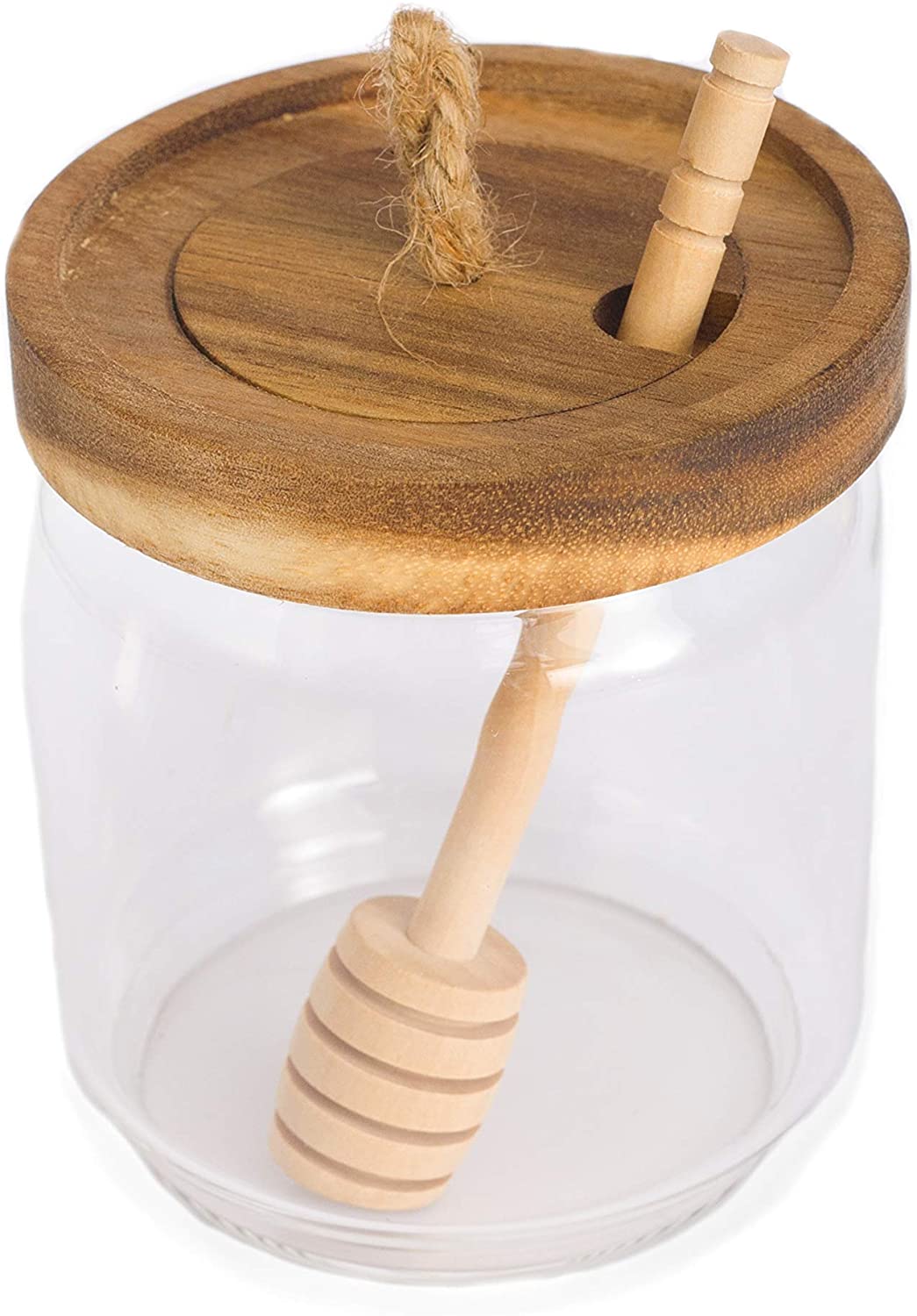 Honey Jar Pot Glass Holder Dispenser Set with Wooden Dipper Stick and Acacia Lid Cover for Home Kitchen