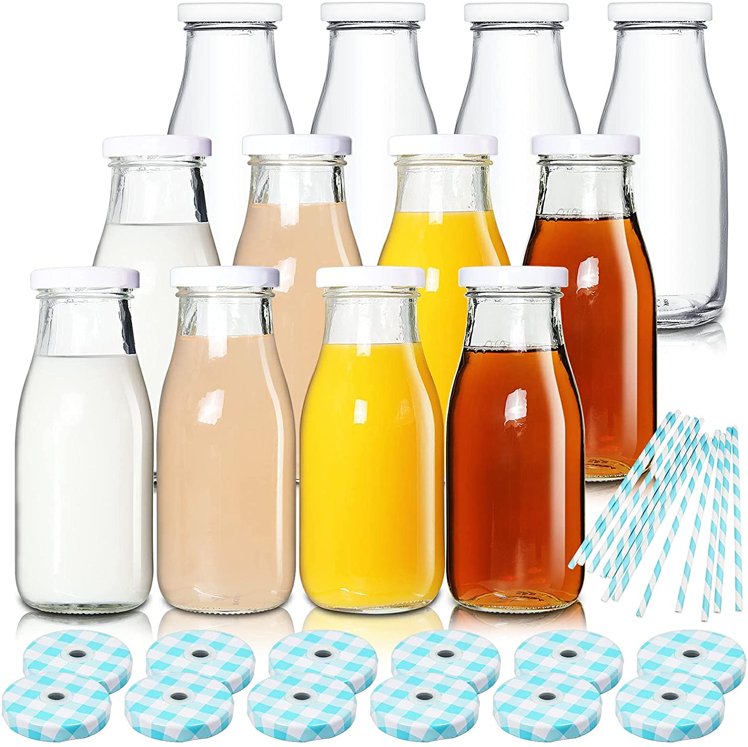 11oz Glass Milk Bottles with Reusable Metal Twist Lids and Straws for Beverage Glassware and Drinkware Parties