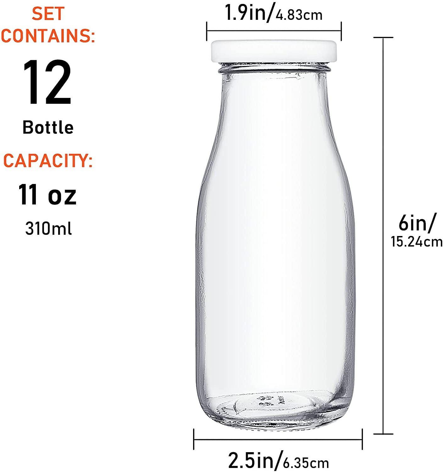 11oz Glass Milk Bottles with Reusable Metal Twist Lids and Straws for Beverage Glassware and Drinkware Parties