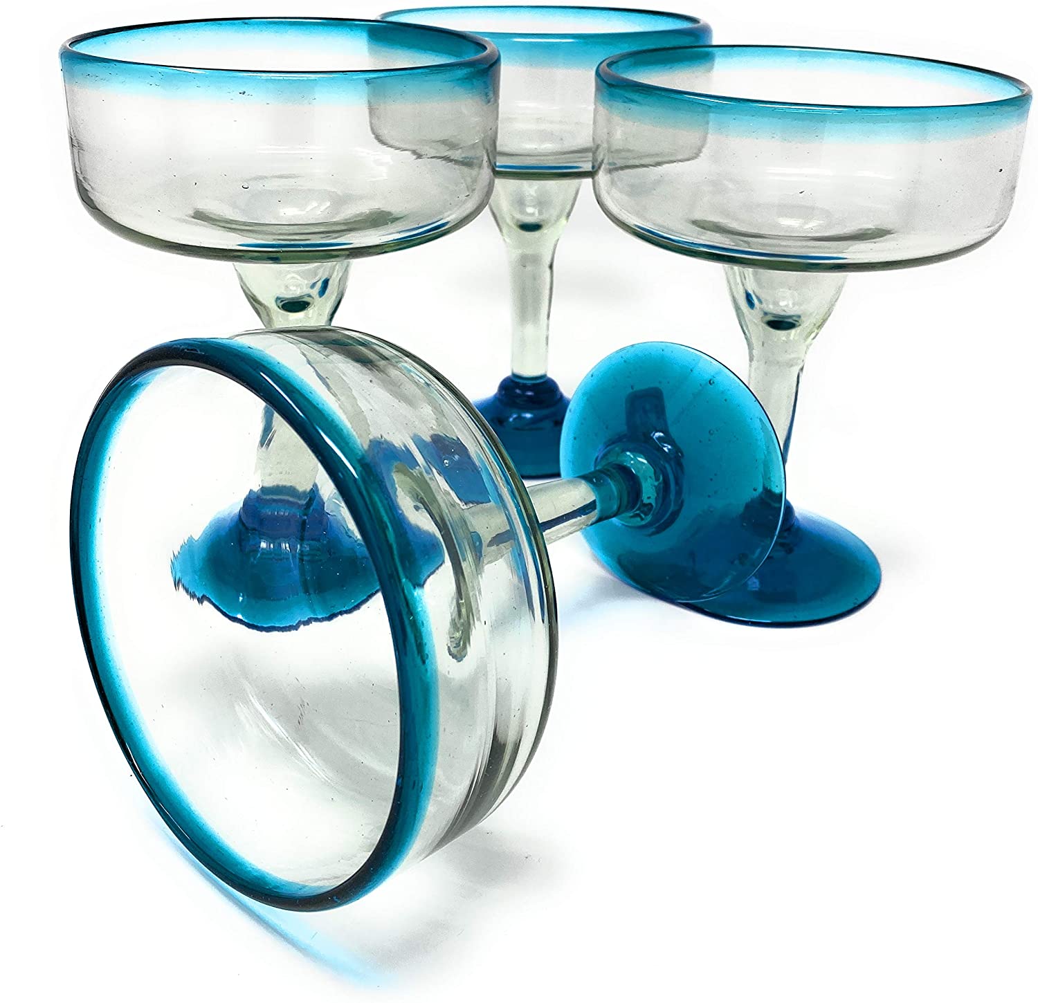 16 Ounces Set of 4 Hand Blown Margarita Glasses with Aqua Blue Rims European Style Drinkware