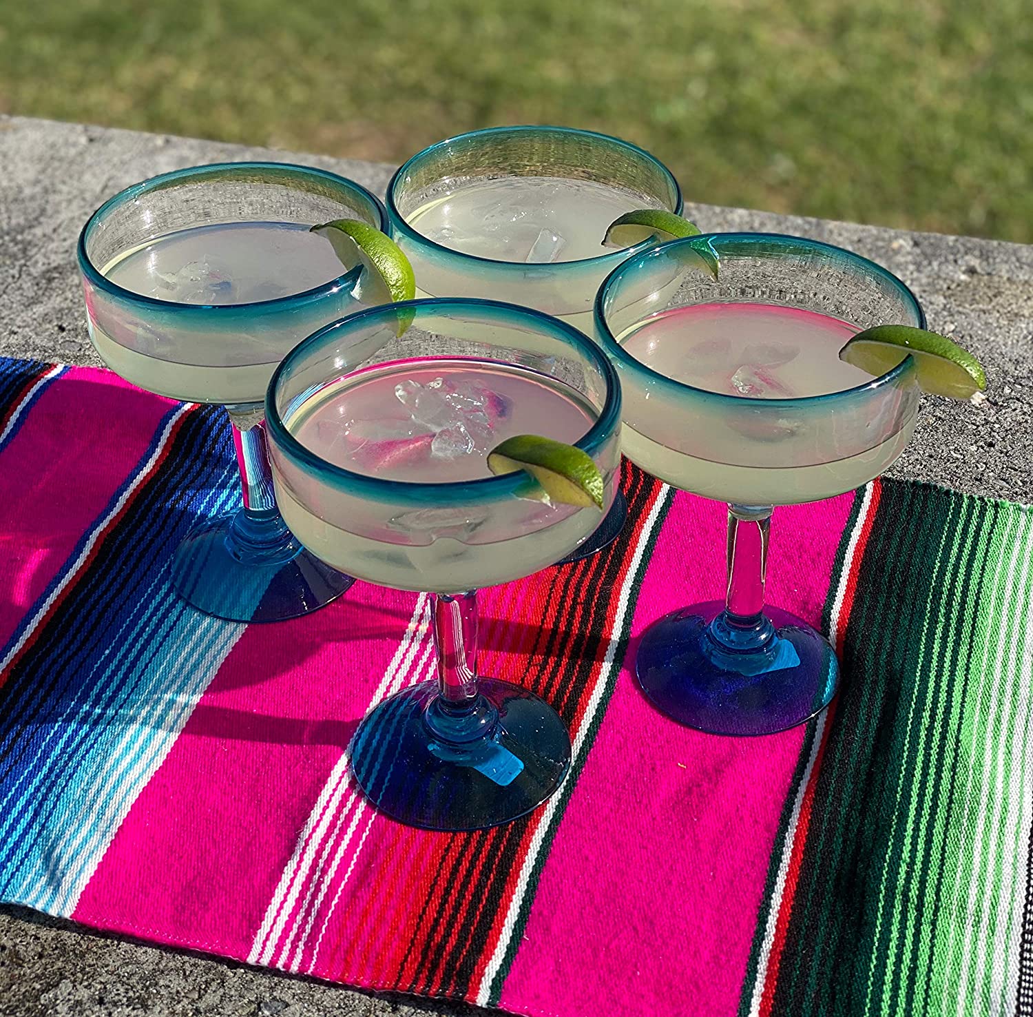 16 Ounces Set of 4 Hand Blown Margarita Glasses with Aqua Blue Rims European Style Drinkware