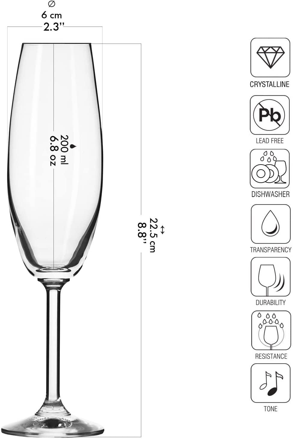 6.8 Ounces Crystal Champagne Flute Glasses Set of 6 Perfect for Home, Restaurants and Parties