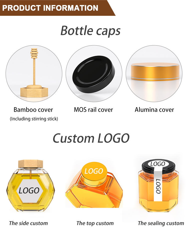 Wholesale label hexagonal fancy small empty pot can packaging bottle unique mini bee hexagon glass honey jar with wooden dipper