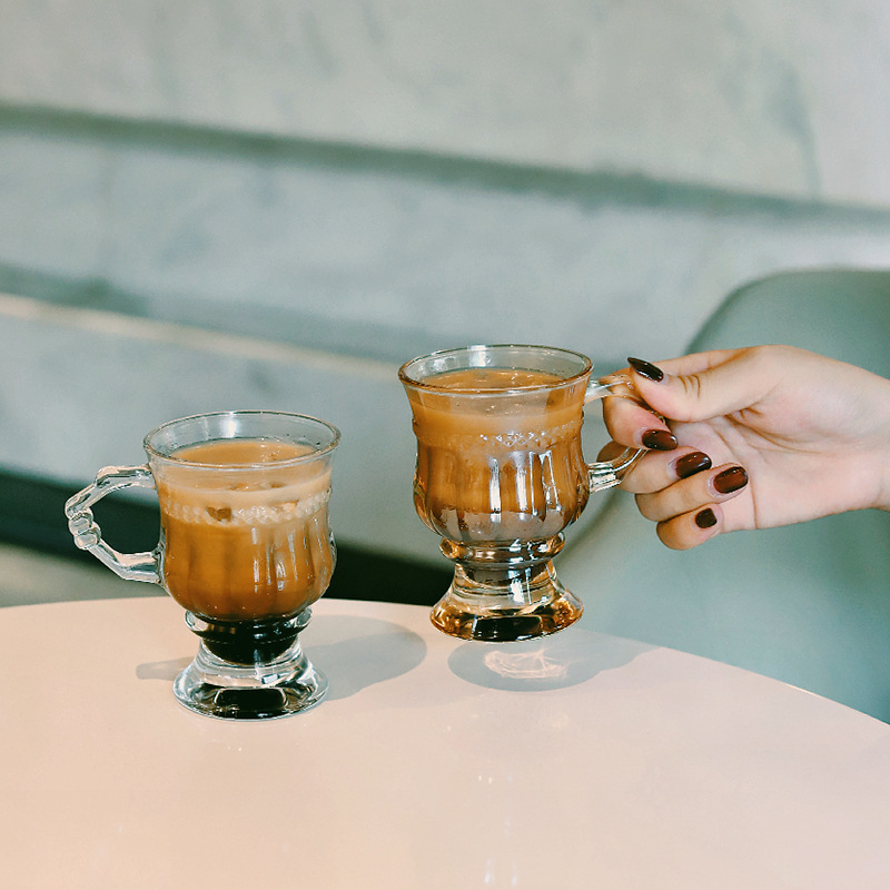 Embossed glass high-value girl's heart water cup tall latte coffee cup with handle afternoon tea cup