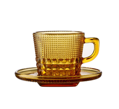 Color Glass Relief Coffee Cup with Saucer Set Retro Baroque Afternoon Tea Exquisite Water Cup Restaurant Home Drinking Utensils