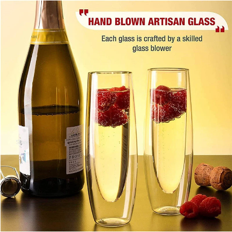 Champagne Glasses Set Double Wall Heat Resist Glass Cup Stemless Sparkling Wine Glasses Transparent Flute for Wedding