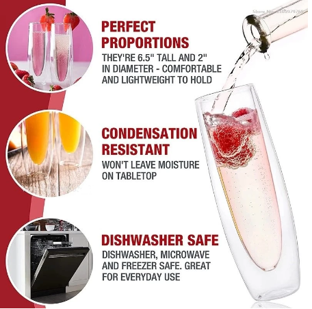 Champagne Glasses Set Double Wall Heat Resist Glass Cup Stemless Sparkling Wine Glasses Transparent Flute for Wedding