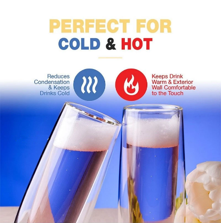 Champagne Glasses Set Double Wall Heat Resist Glass Cup Stemless Sparkling Wine Glasses Transparent Flute for Wedding