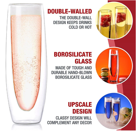 Champagne Glasses Set Double Wall Heat Resist Glass Cup Stemless Sparkling Wine Glasses Transparent Flute for Wedding