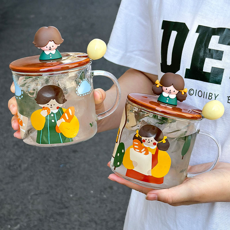 Doll glass mug high-value water cup with lid spoon cute ins wind milk cup