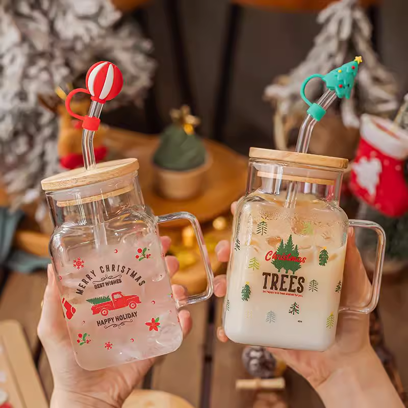 Christmas couple glass cup with straw handle square water cup for girls home high value large capacity cup