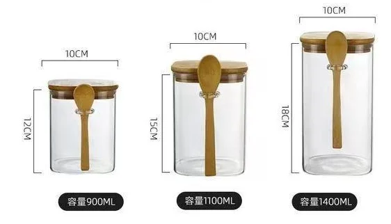 Square High Borosilicate Glass jar for Kitchen Storage Jar with Bamboo Lids and Spoon