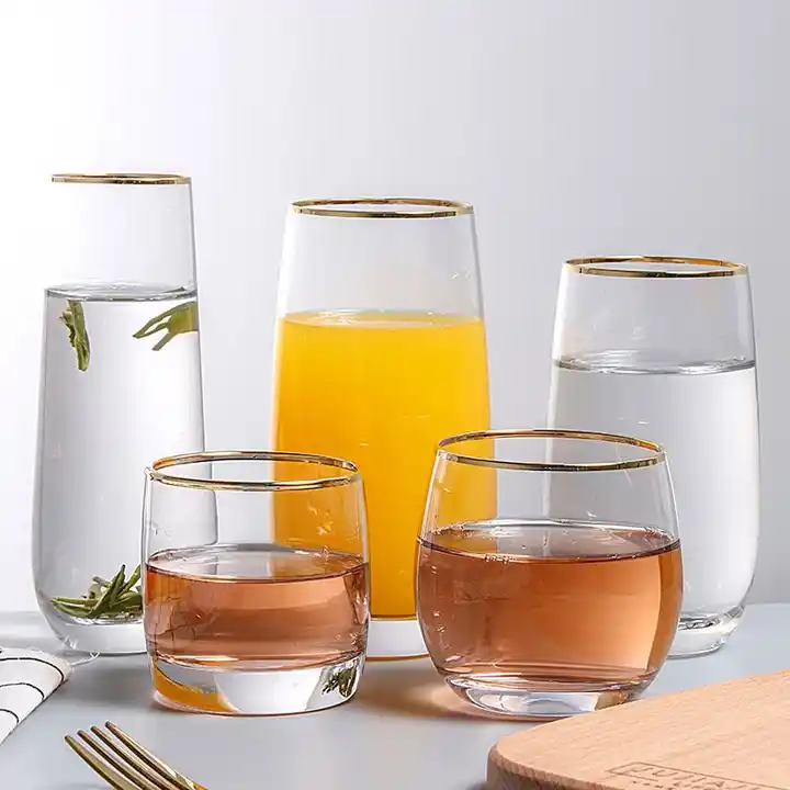 Wholesale Fancy Design Unbreakable Wine Whiskey Glass Cup with gold rim tea coffee mug