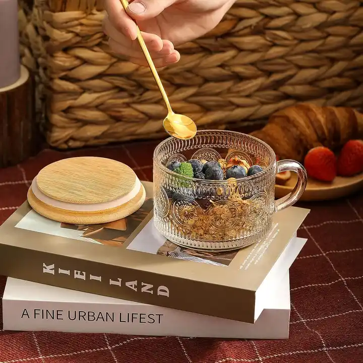 Vintage Coffee Mugs, Overnight Oats Containers with Bamboo Lids and Spoons Clear Embossed Glass Cups