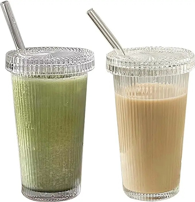 375ml Ribbed Glass Tumbler with Lid and Straw Simple Vertical Stripe Milk Coffee Beverage Cup