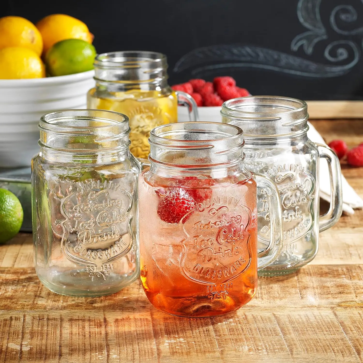 16 Oz Clear Glass Jars With Convenient Handle and Ice Cold Embossed Logo Ideal for Hot and Sunny Days