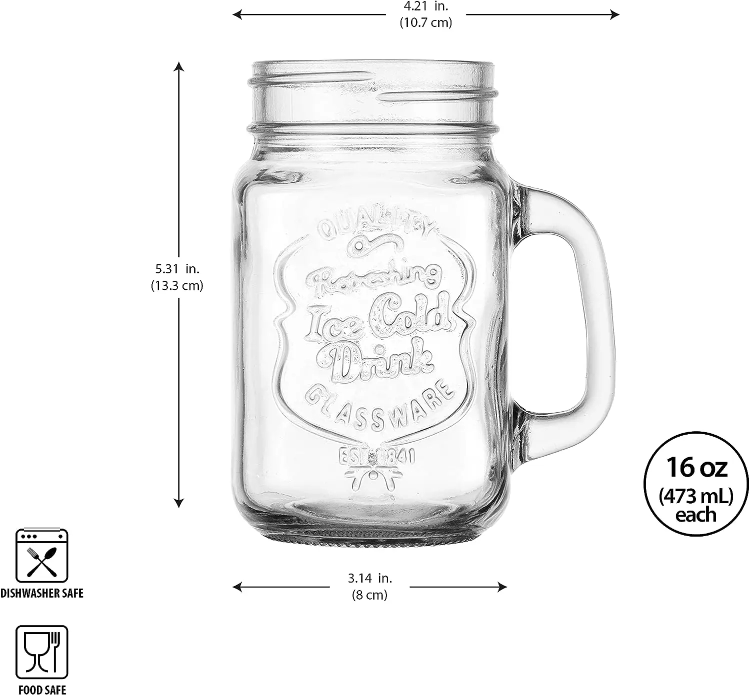 16 Oz Clear Glass Jars With Convenient Handle and Ice Cold Embossed Logo Ideal for Hot and Sunny Days