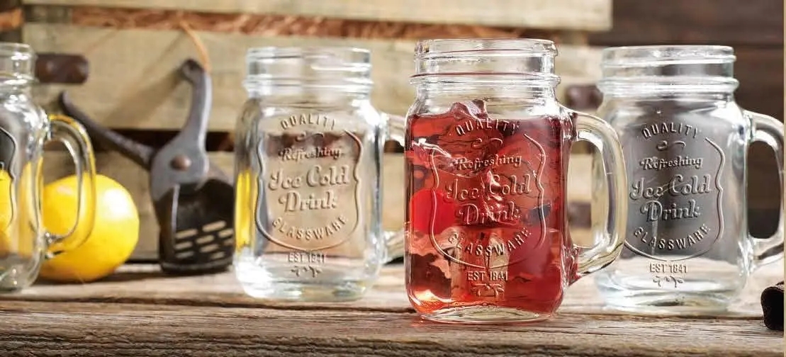 16 Oz Clear Glass Jars With Convenient Handle and Ice Cold Embossed Logo Ideal for Hot and Sunny Days