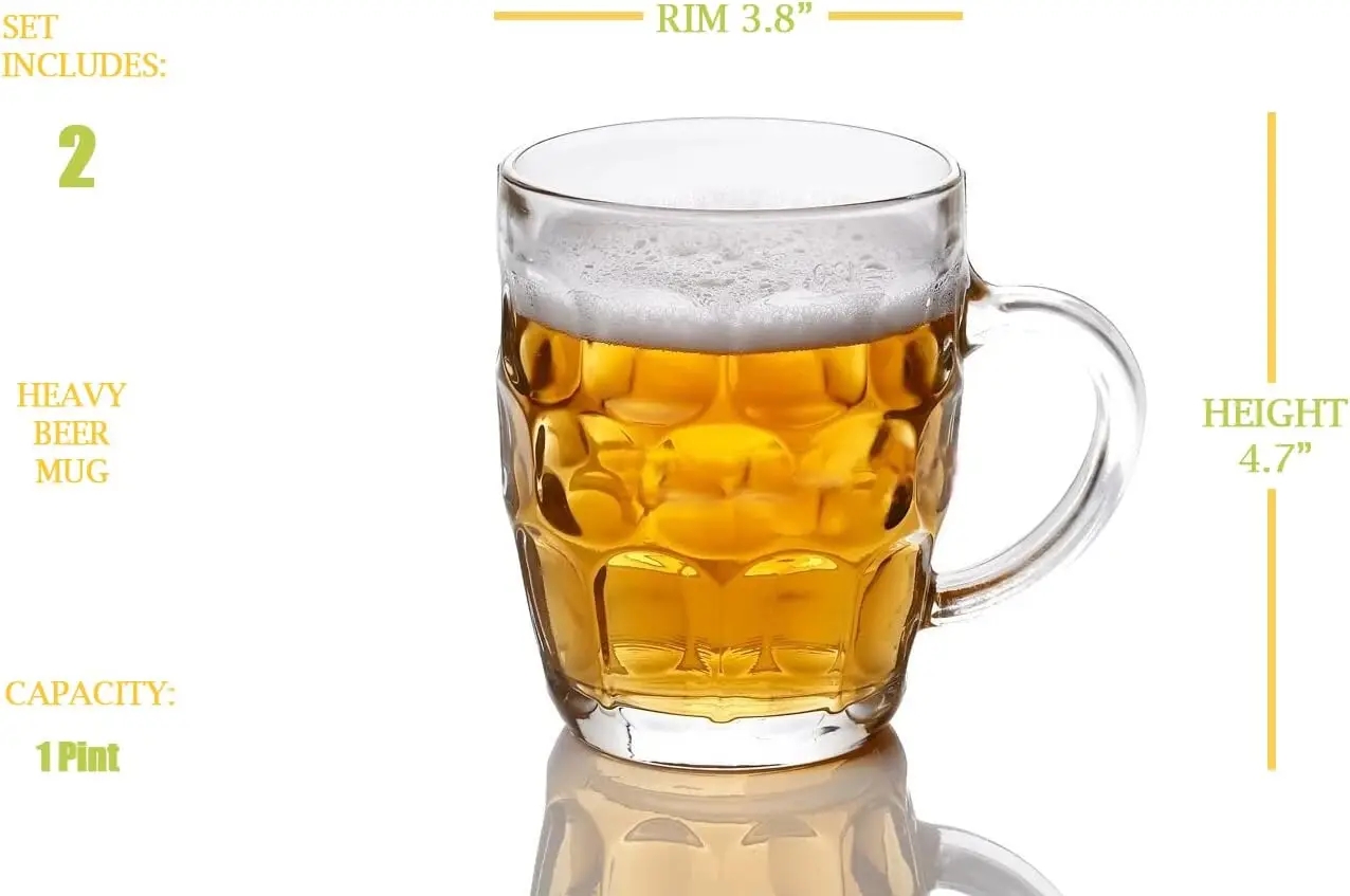 One Pint Dimpled Beer Mug Heavy British Pub Thick Glass with Handle Stein Cup for Beer Lover in Home Party