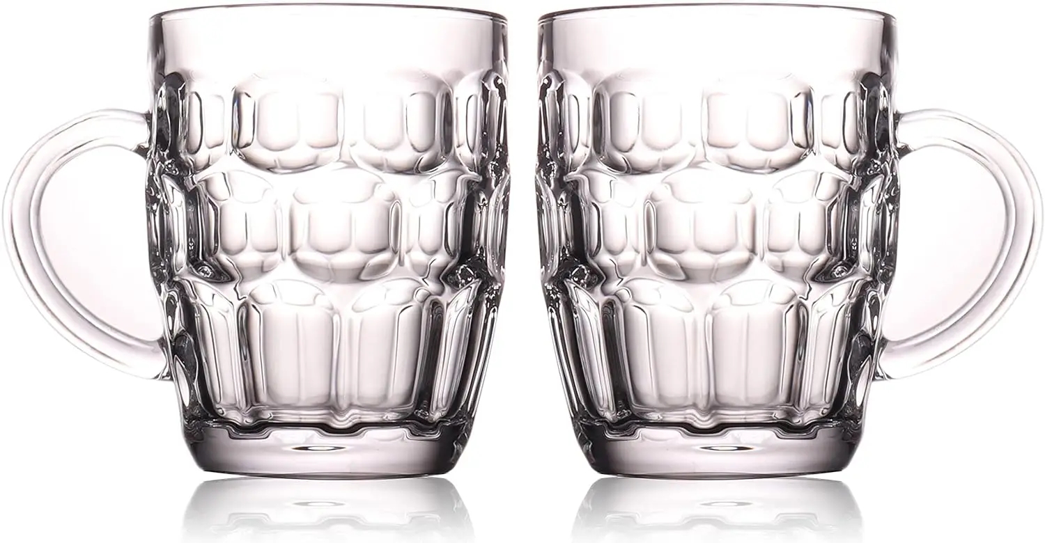 One Pint Dimpled Beer Mug Heavy British Pub Thick Glass with Handle Stein Cup for Beer Lover in Home Party