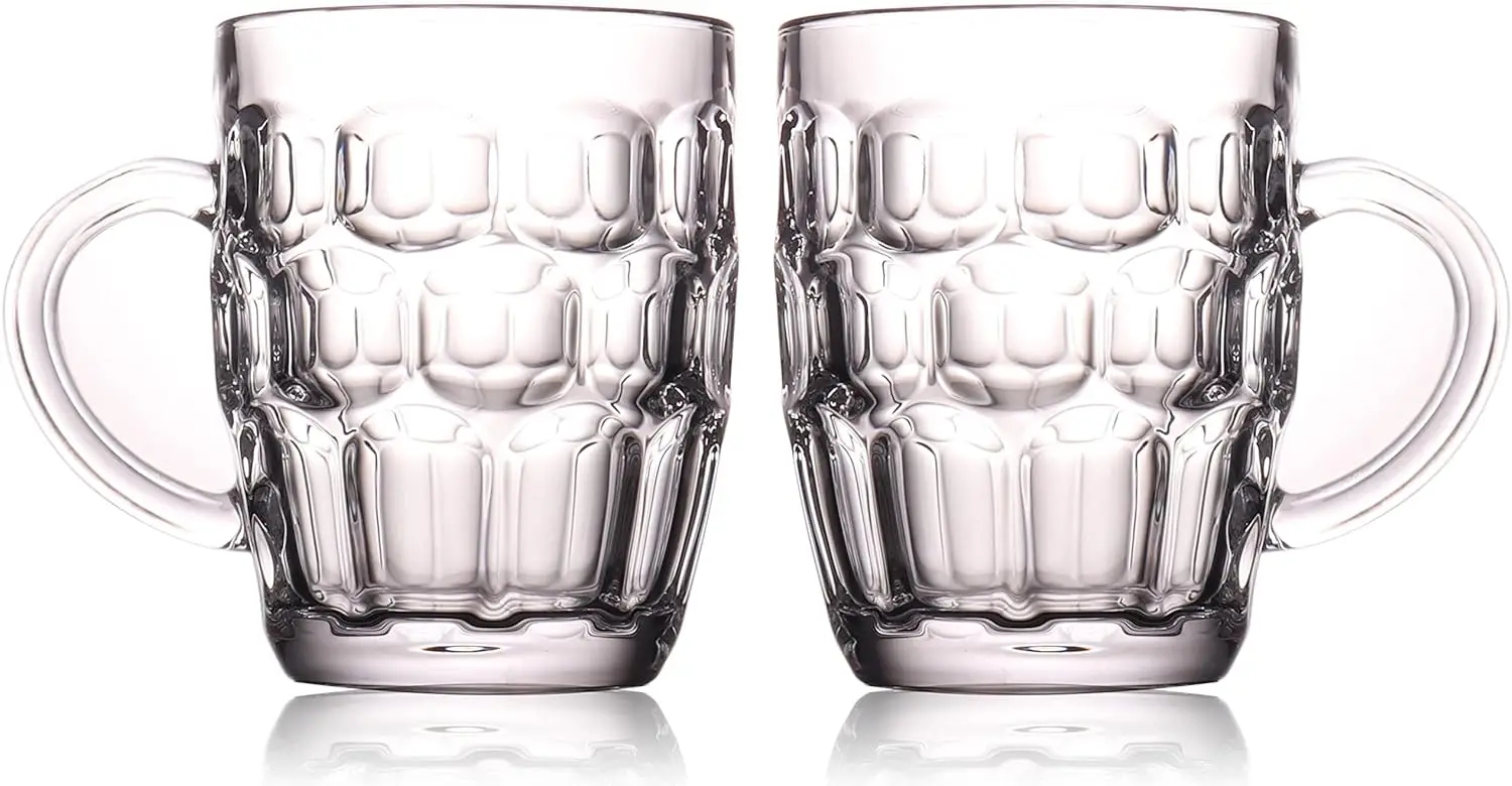 One Pint Dimpled Beer Mug Heavy British Pub Thick Glass with Handle Stein Cup for Beer Lover in Home Party