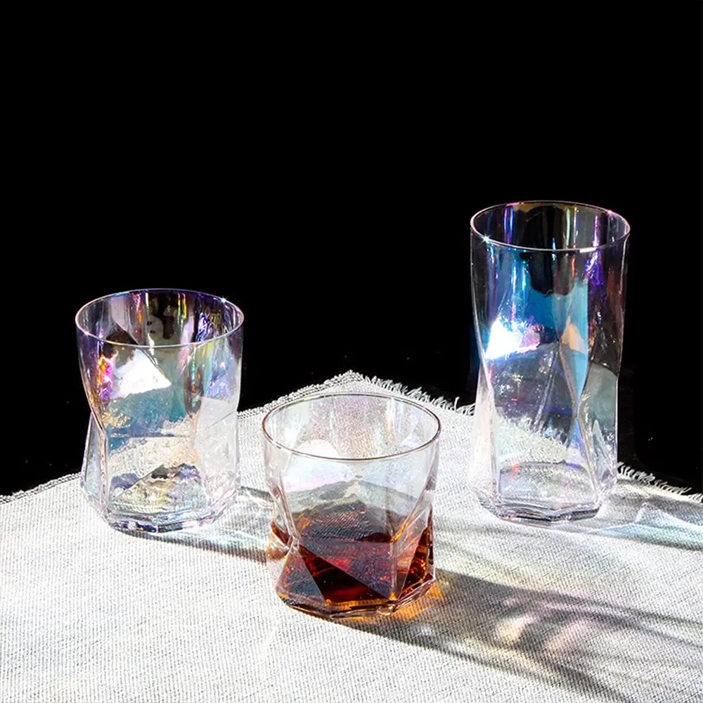 Factory Price Stemless Diamond Shaped Red Wine Tasting Glass Set with Decanter Smokey Plating Color Available Drinking Glass