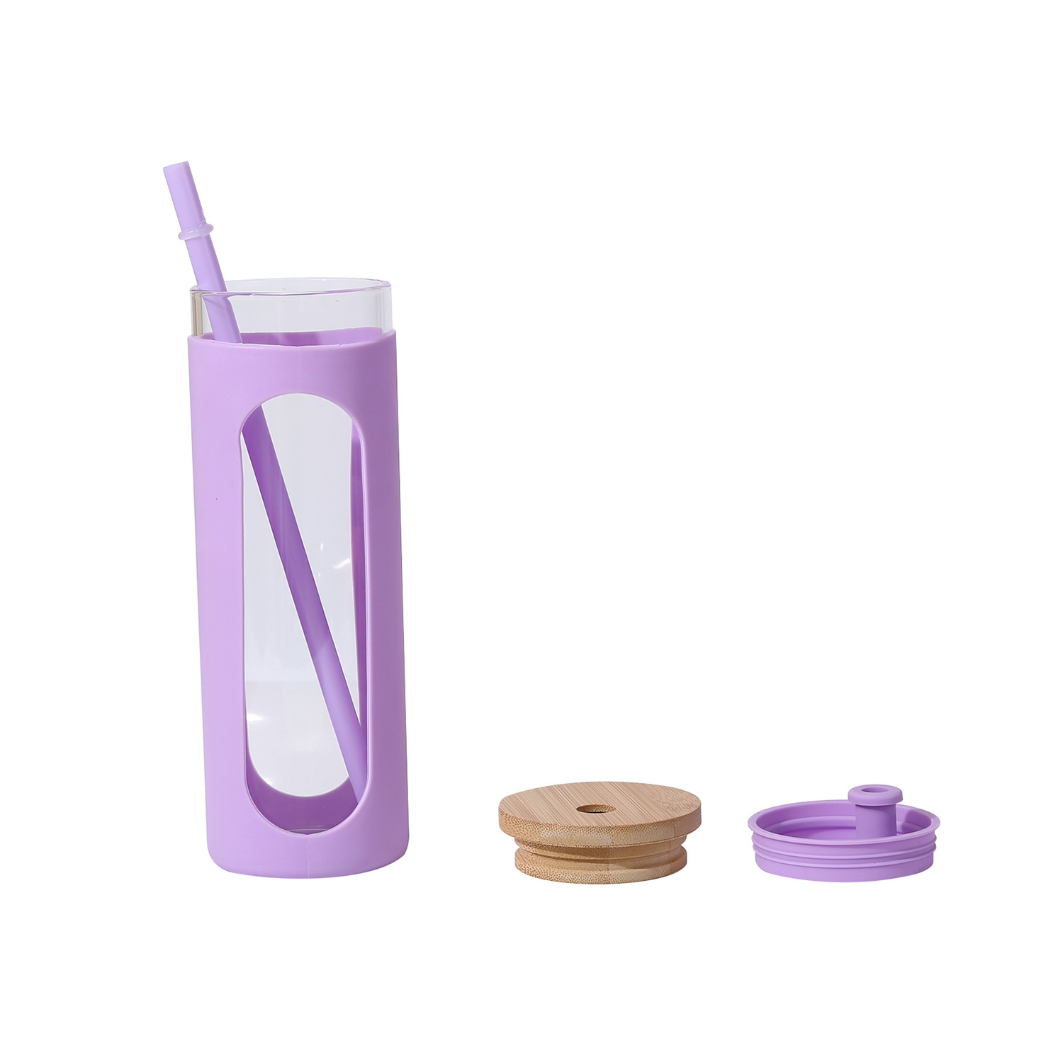 New Silicone Set Single -layer Glass Cup Outdoor Portable Large -capacity Film Cup Small Fresh Student Wooden Covering Straw Cup