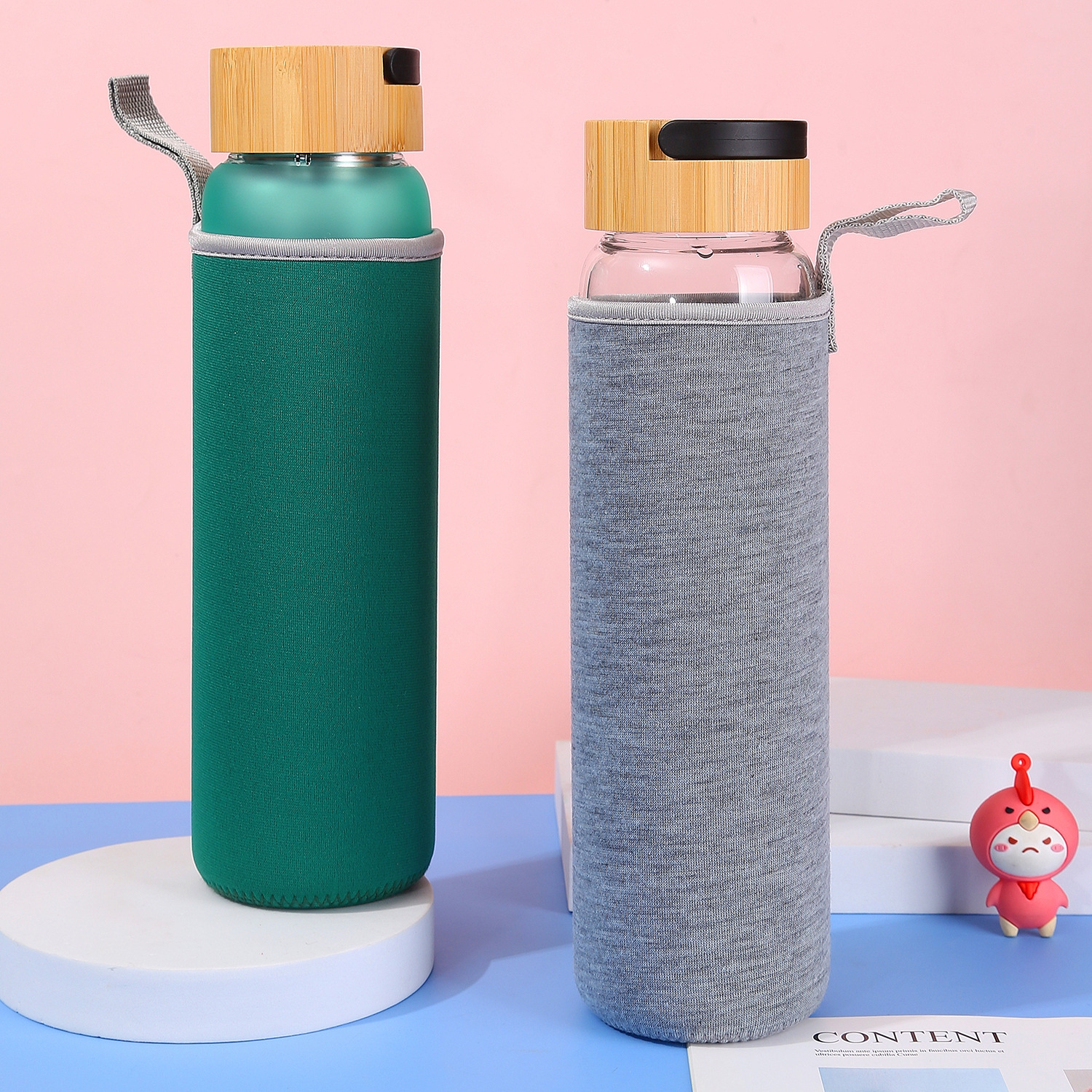 Frosted bamboo lid high borosilicate single-layer glass portable colorful sports water bottle