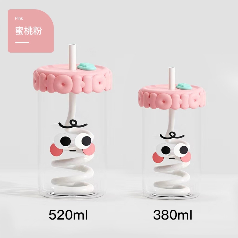 High borosilicate glass water cup household cartoon children's water cup cute coffee cup straw cup high temperature resistant glass cup