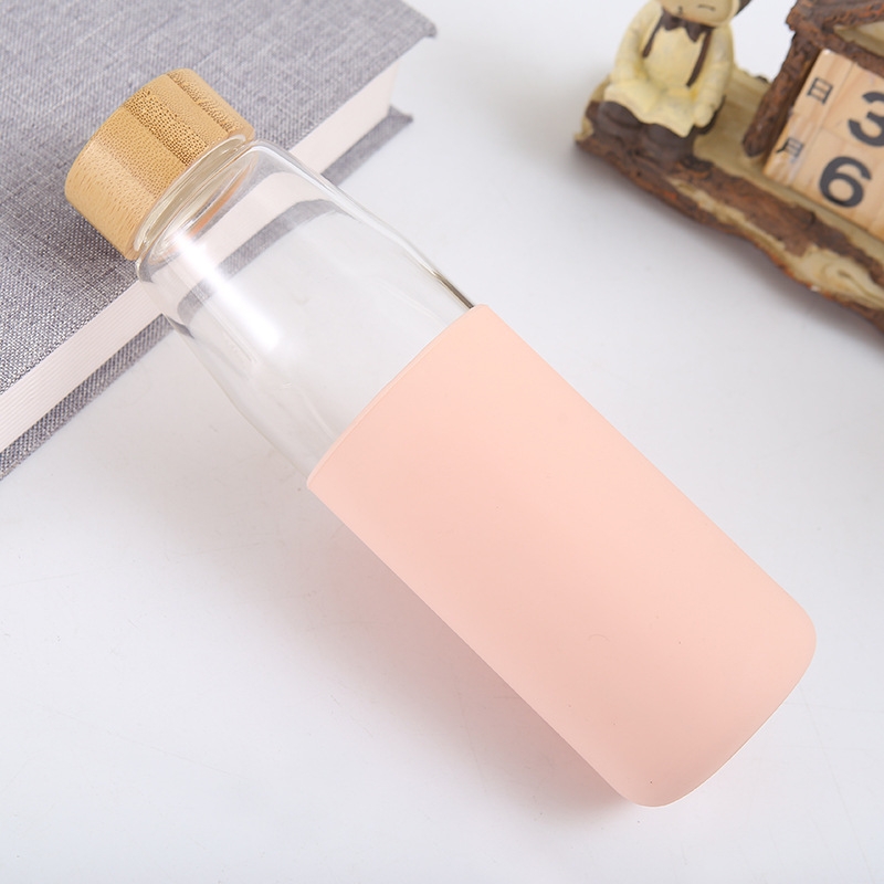 Bamboo lid silicone cover glass cup single layer high borosilicate glass water bottle heat-proof silicone