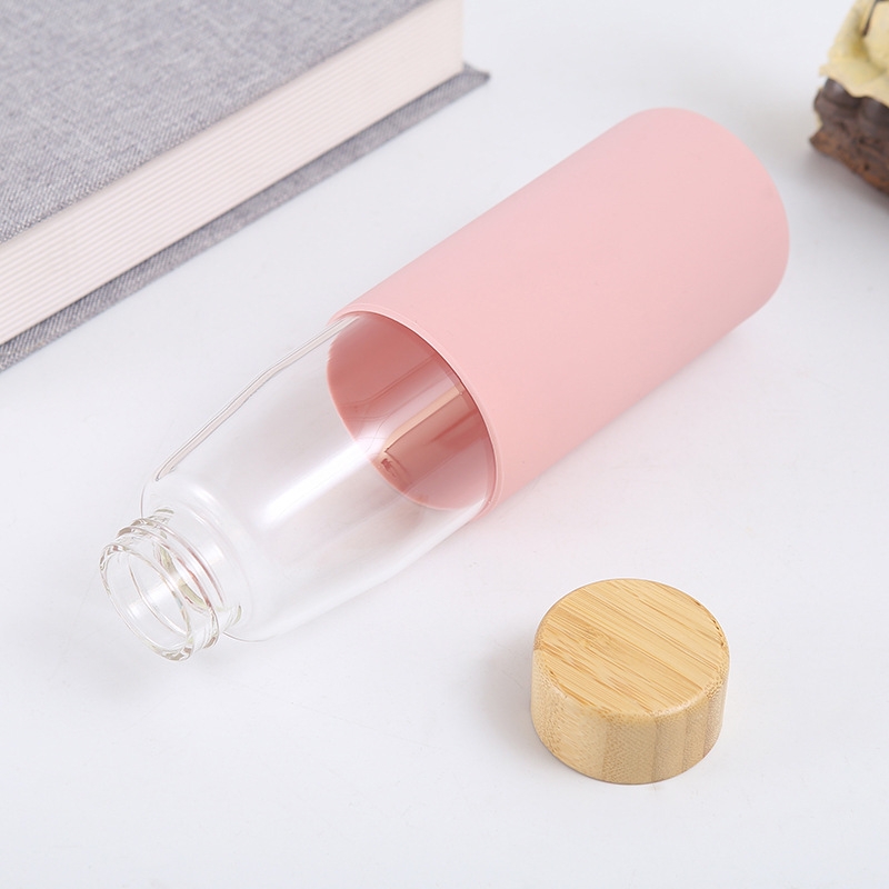 Bamboo lid silicone cover glass cup single layer high borosilicate glass water bottle heat-proof silicone