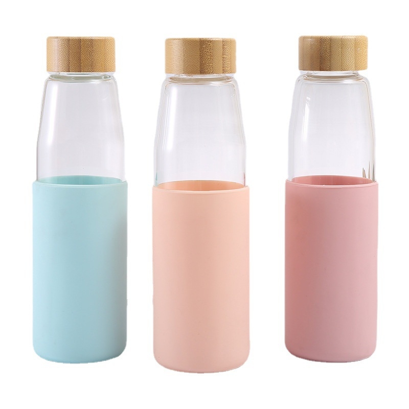 Bamboo lid silicone cover glass cup single layer high borosilicate glass water bottle heat-proof silicone