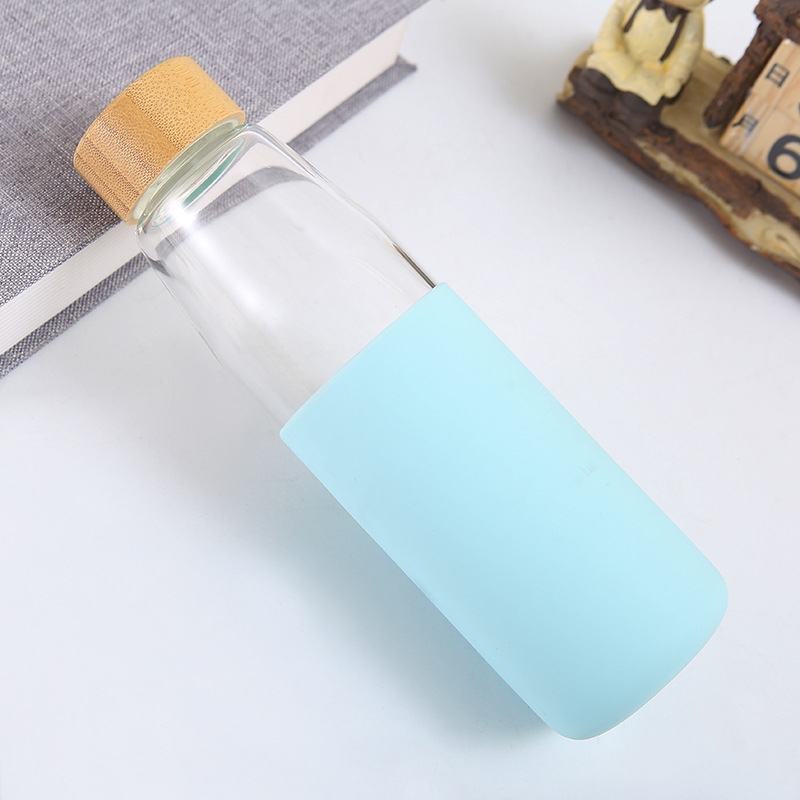 Bamboo lid silicone cover glass cup single layer high borosilicate glass water bottle heat-proof silicone