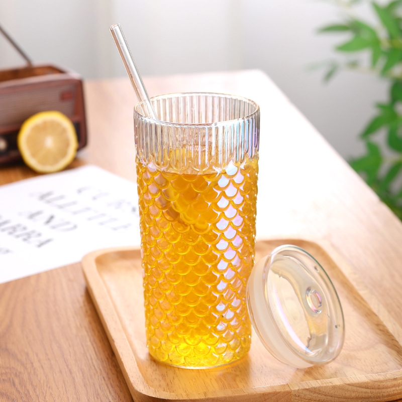 Creative glass straw cup with lid ins high-value household glass water cup with high temperature resistance