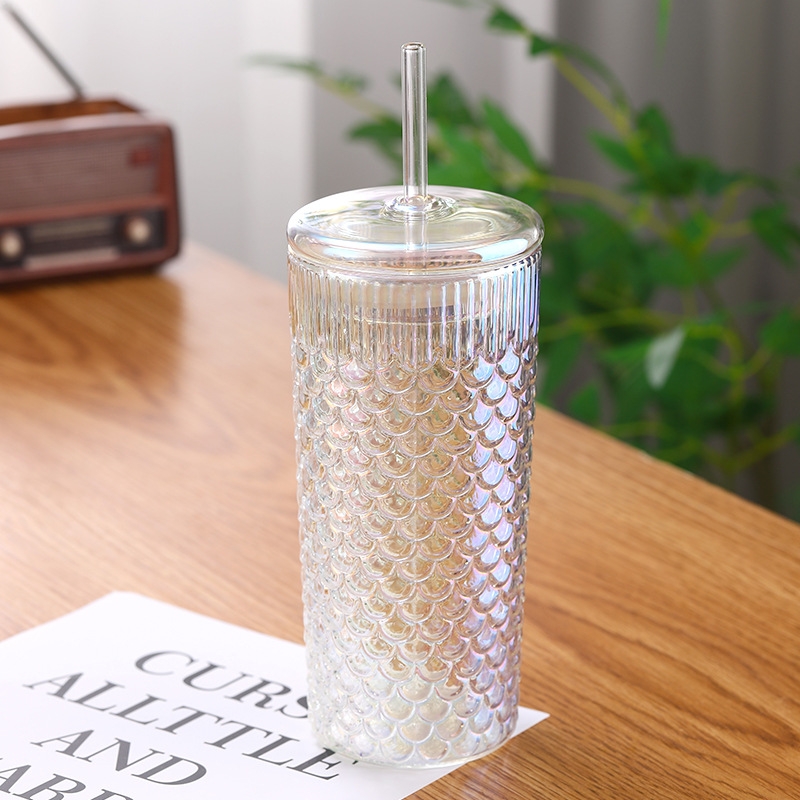 Creative glass straw cup with lid ins high-value household glass water cup with high temperature resistance