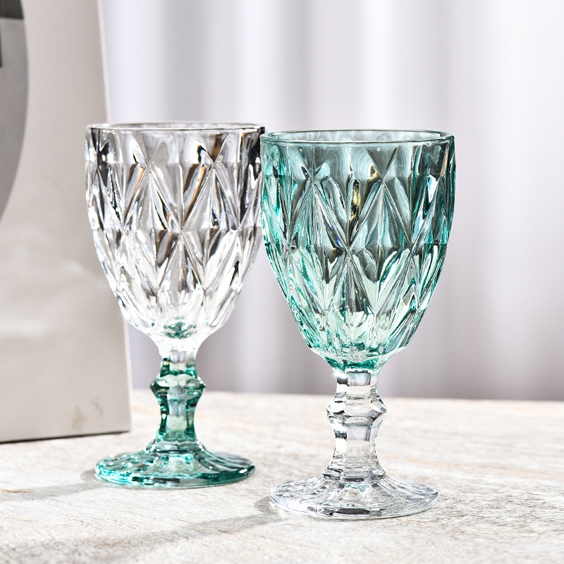 Color spray embossed transparent glass red wine cup, colorful goblet, diamond-shaped juice cup
