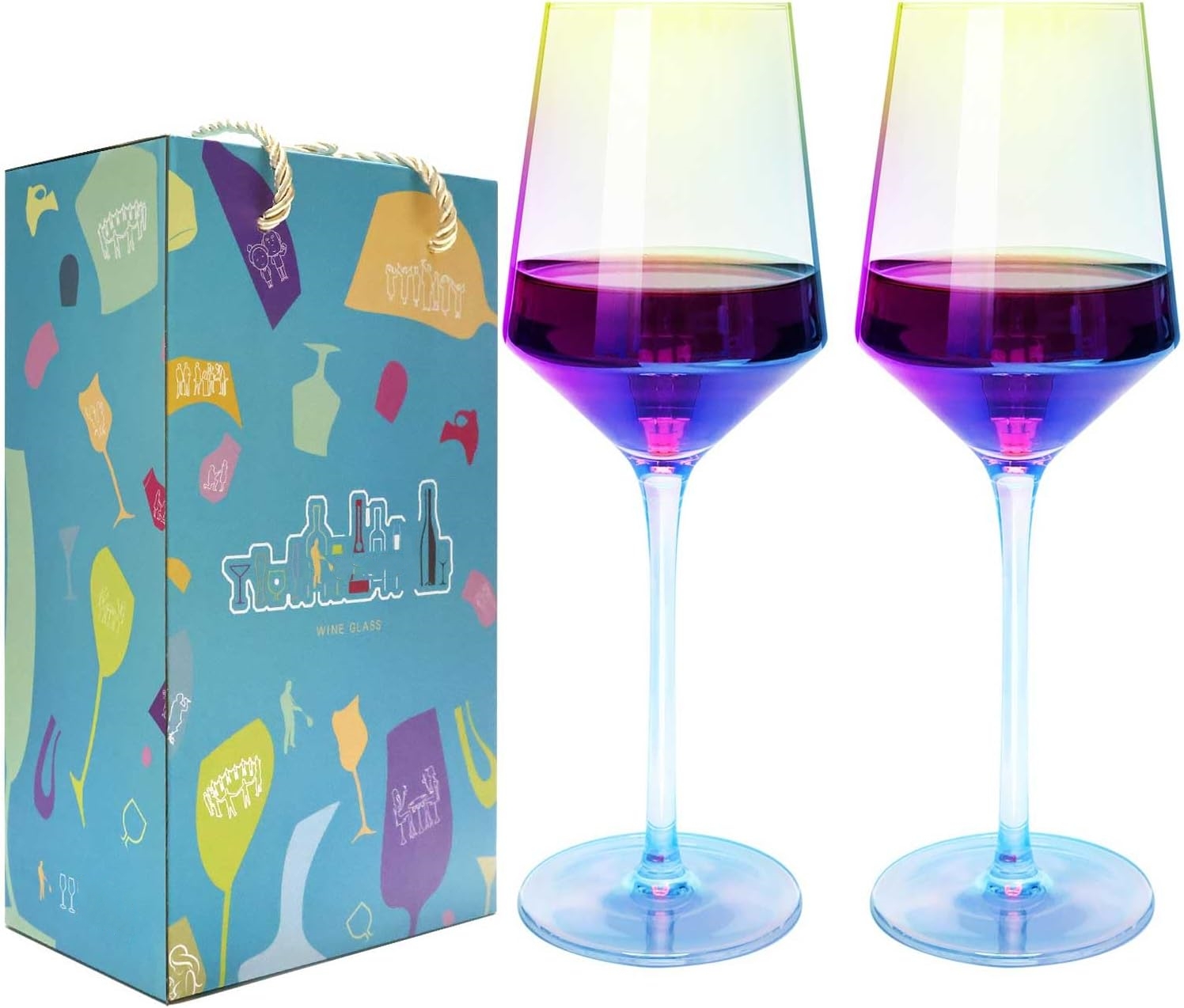 Handblown Wine Glasses 2-Piece Gift Set Rainbow Colors Best for Wine Tasting Christmas Anniversary Gifts