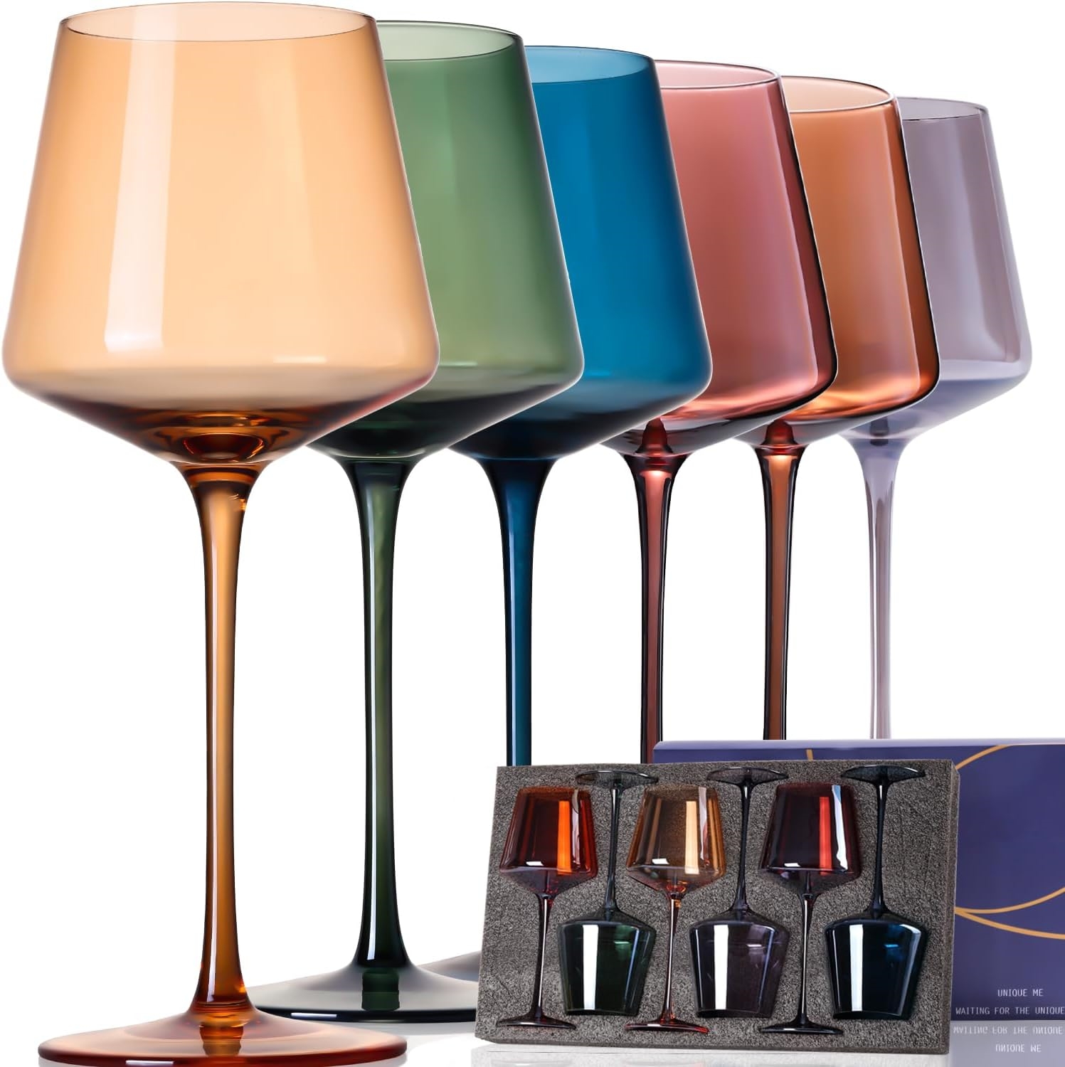 Colorful Wine Glass Set of 6 Unique multi-color wine glass set for wine lovers hand blown goblet