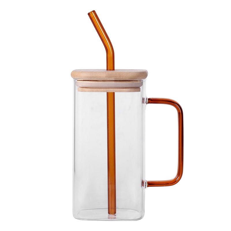 Wholesale bamboo lid high borosilicate glass straw cup transparent juice square glass cup