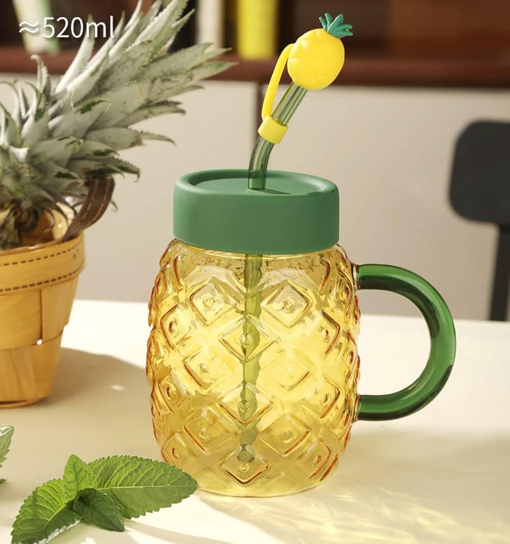 Factory wholesale Pineapple Shaped Glass Cup Tumbler with Lid and Straw